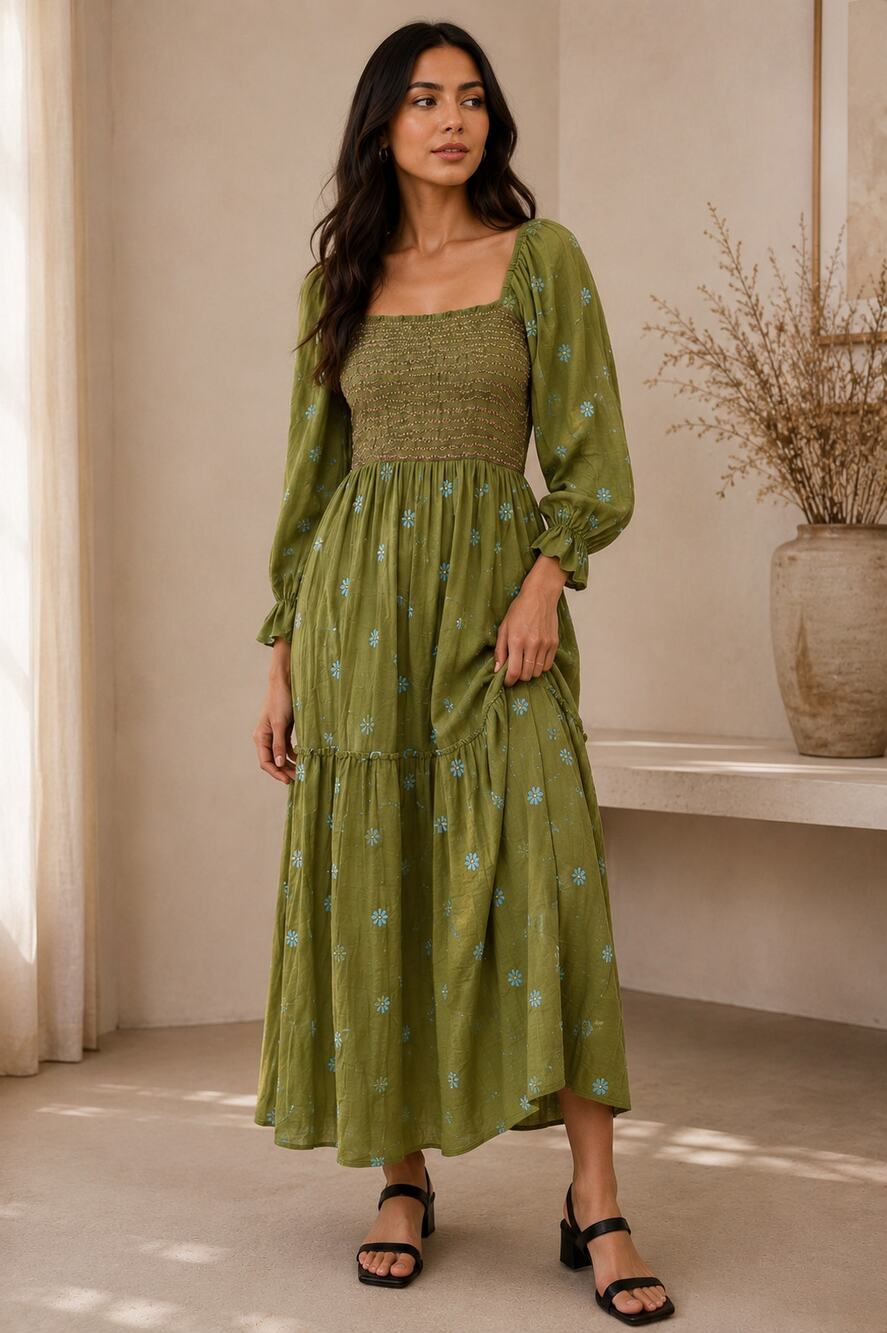 Boho Floral Embroidered Long Puff Sleeve Smocked Tiered Ruffle Cottagecore